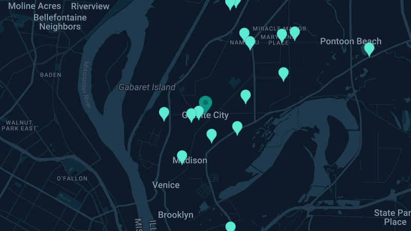 Map of Granite City, Illinois — 56 documented asbestos exposure sites