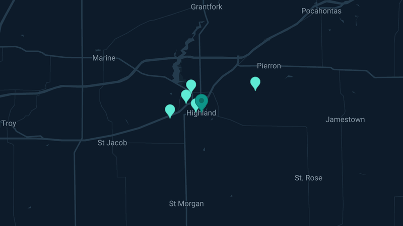 Map of Highland, Illinois — 12 documented asbestos exposure sites