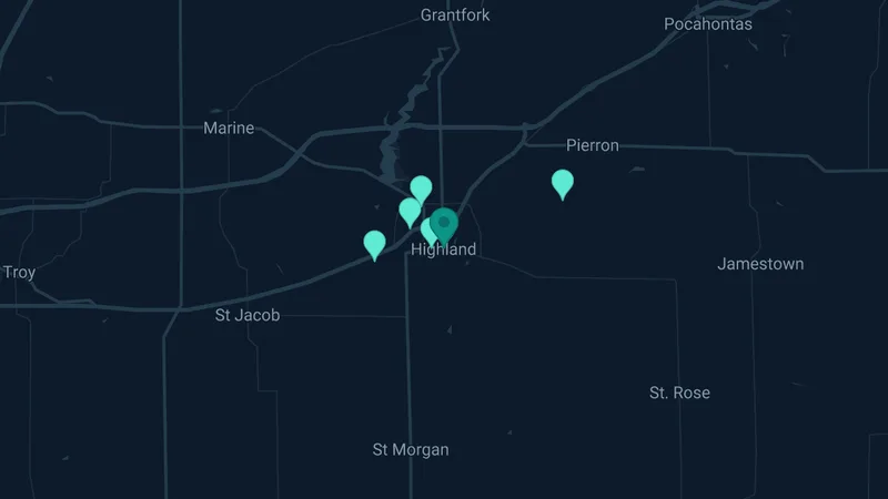 Map of Highland, Illinois: 12 documented asbestos exposure sites