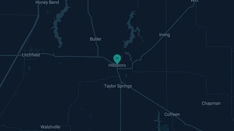 Map of Hillsboro, Illinois: 2 documented asbestos exposure sites