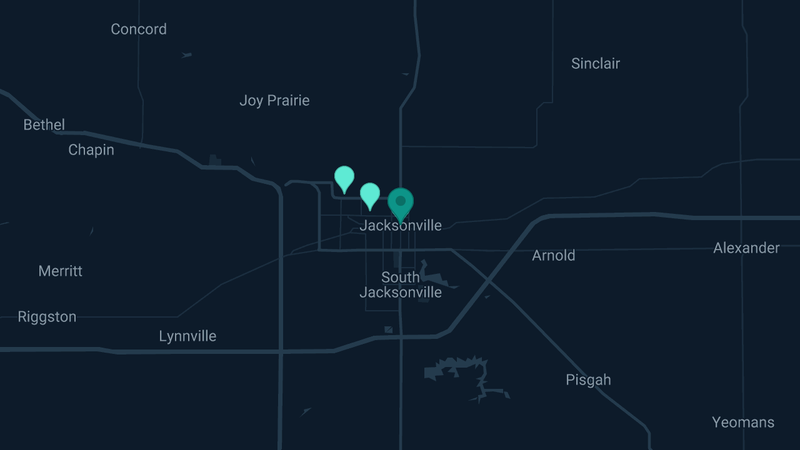 Map of Jacksonville, Illinois — 4 documented asbestos exposure sites