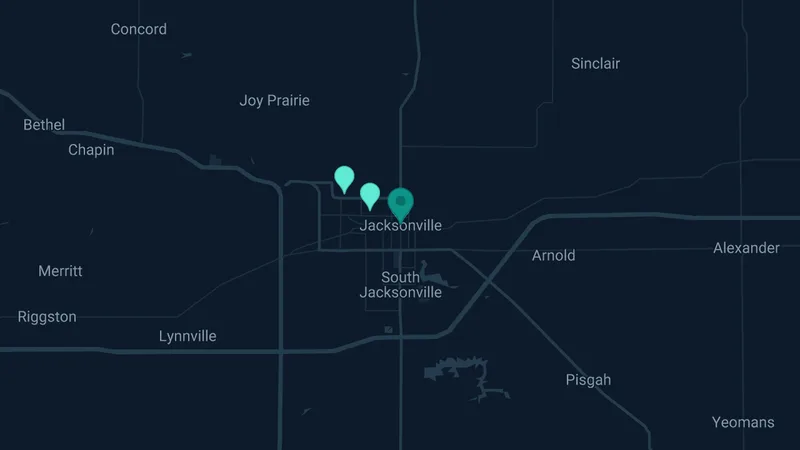Map of Jacksonville, Illinois: 4 documented asbestos exposure sites