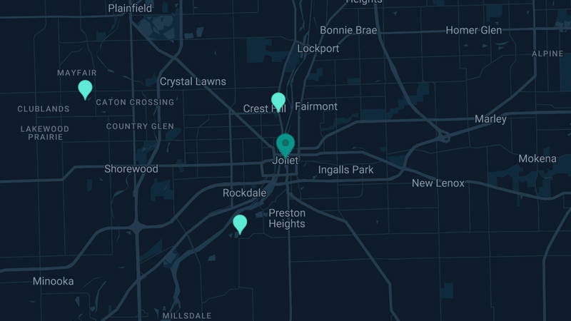 Map of Joliet, Illinois — 12 documented asbestos exposure sites