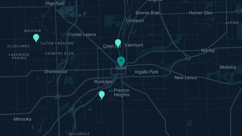 Map of Joliet, Illinois: 12 documented asbestos exposure sites