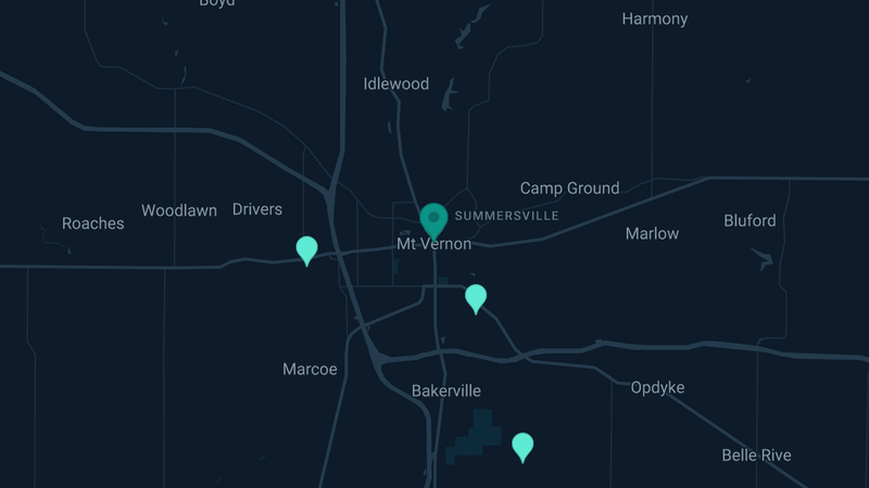 Map of Mt. Vernon, Illinois — 5 documented asbestos exposure sites
