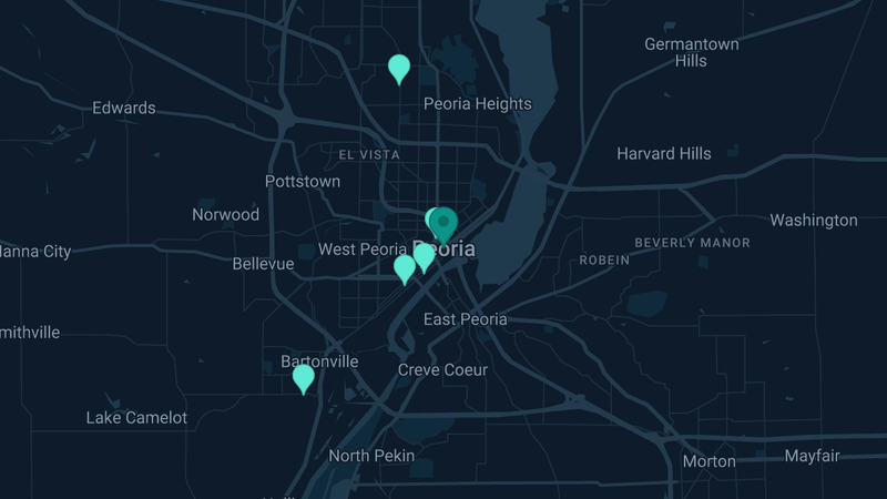 Map of Peoria, Illinois — 10 documented asbestos exposure sites