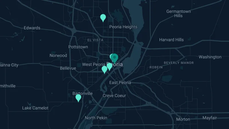 Map of Peoria, Illinois: 10 documented asbestos exposure sites