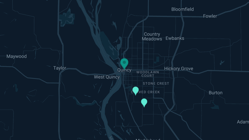 Map of Quincy, Illinois — 3 documented asbestos exposure sites