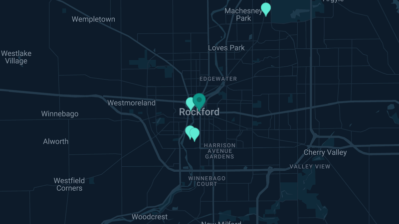 Map of Rockford, Illinois — 9 documented asbestos exposure sites