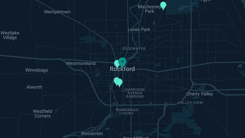 Map of Rockford, Illinois: 9 documented asbestos exposure sites