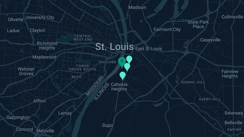 Map of Sauget, Illinois: 8 documented asbestos exposure sites