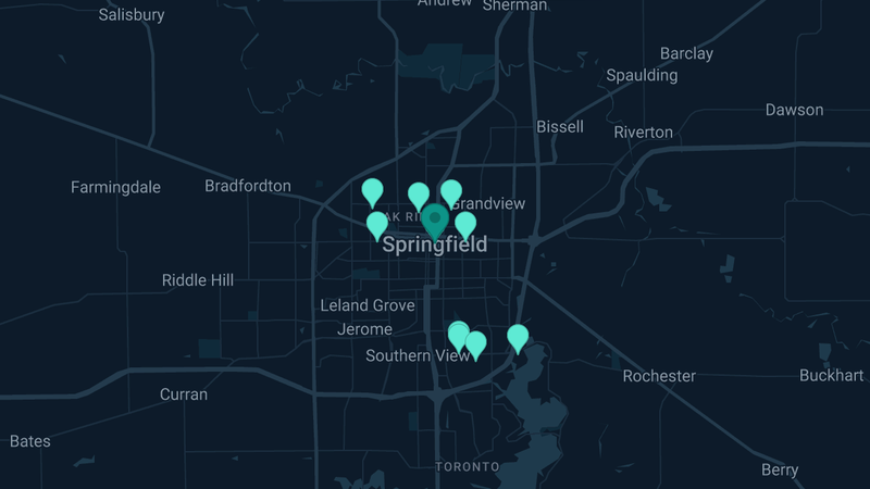 Map of Springfield, Illinois — 15 documented asbestos exposure sites
