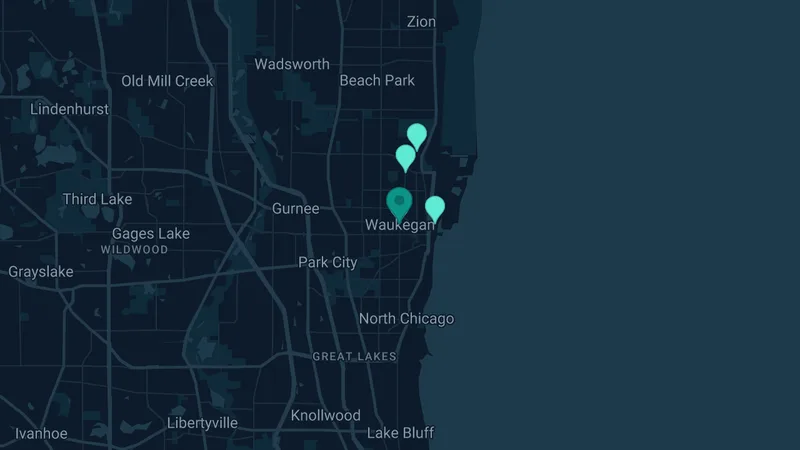 Map of Waukegan, Illinois: 6 documented asbestos exposure sites