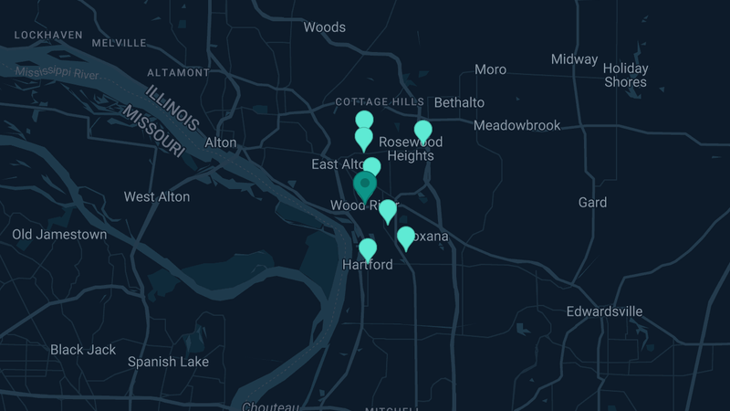 Map of Wood River, Illinois — 15 documented asbestos exposure sites