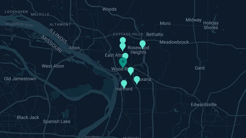 Map of Wood River, Illinois: 15 documented asbestos exposure sites