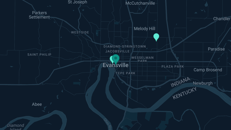 Map of Evansville, Indiana — 4 documented asbestos exposure sites