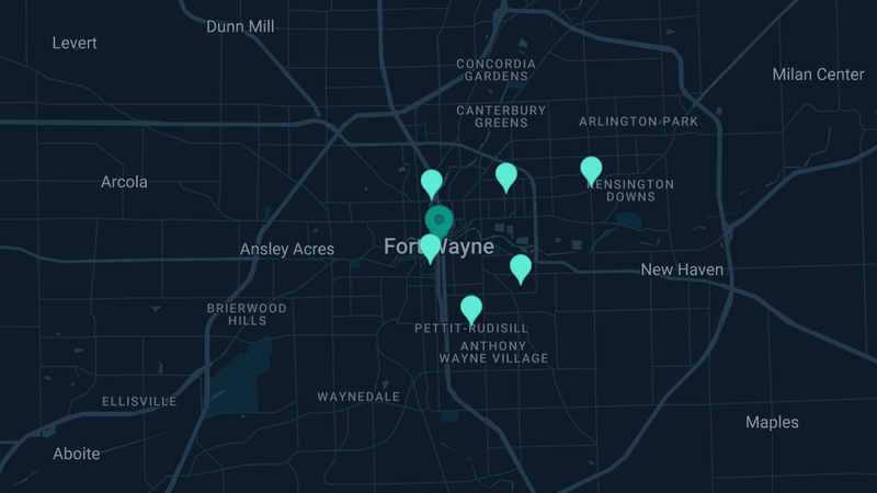 Map of Fort Wayne, Indiana — 10 documented asbestos exposure sites