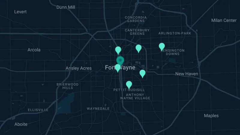 Map of Fort Wayne, Indiana: 10 documented asbestos exposure sites