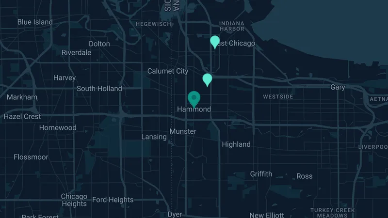Map of Hammond, Indiana: 5 documented asbestos exposure sites