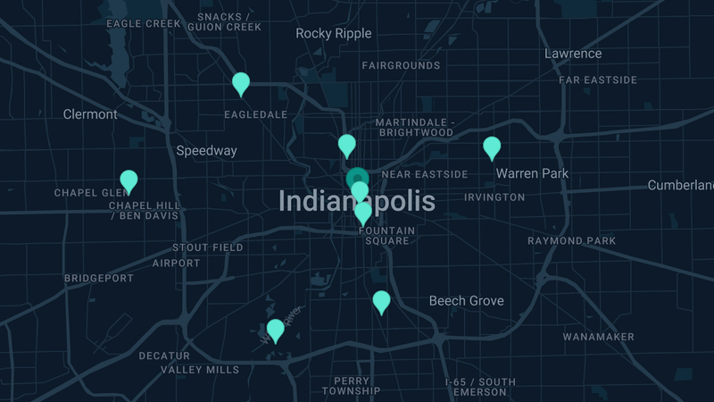 Map of Indianapolis, Indiana — 13 documented asbestos exposure sites