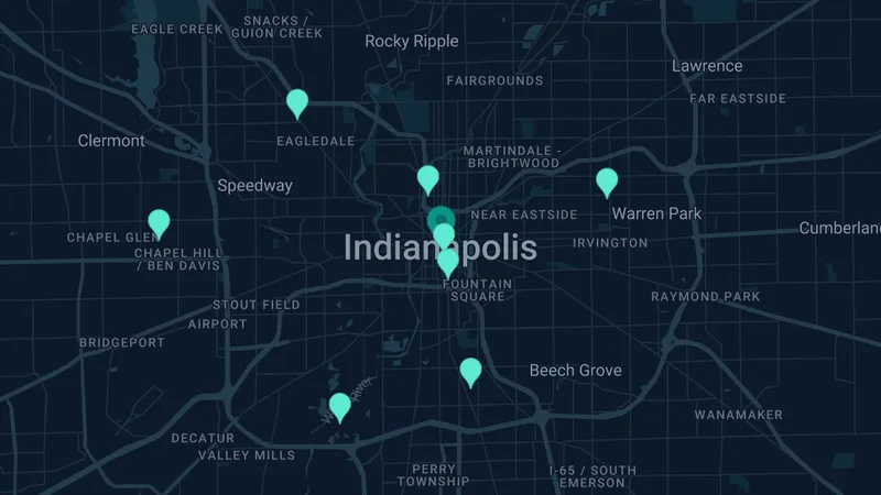 Map of Indianapolis, Indiana: 13 documented asbestos exposure sites