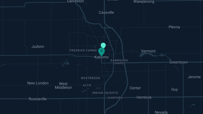 Map of Kokomo, Indiana — 2 documented asbestos exposure sites