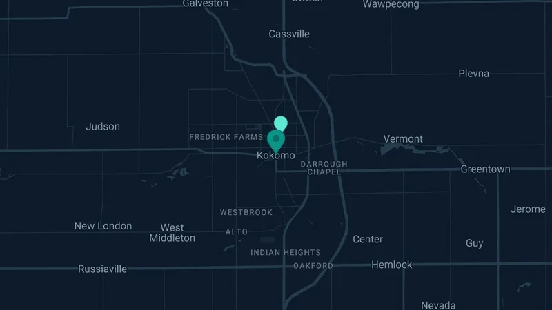 Map of Kokomo, Indiana: 2 documented asbestos exposure sites