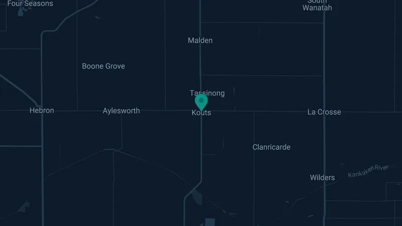 Map of Kouts, Indiana: 2 documented asbestos exposure sites