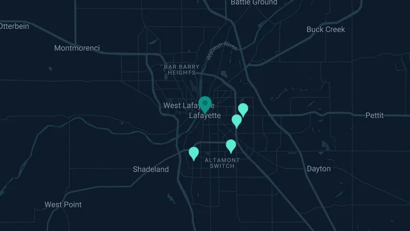 Map of Lafayette, Indiana: 8 documented asbestos exposure sites