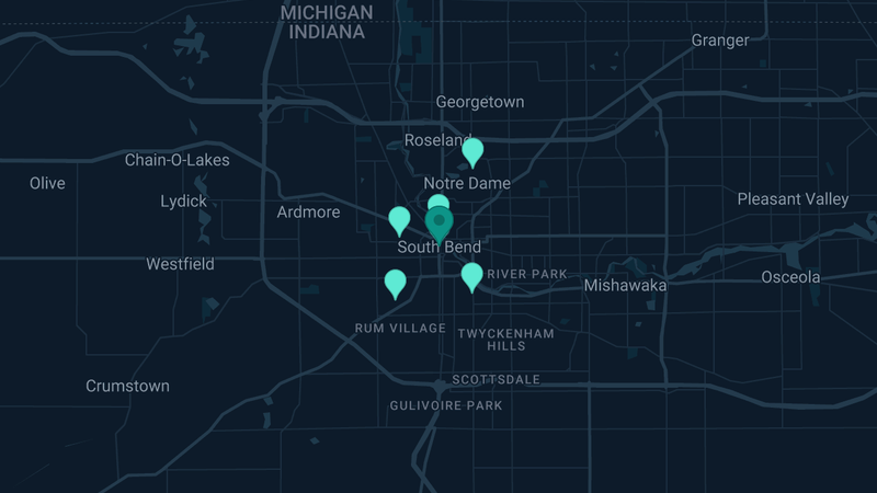 Map of South Bend, Indiana — 7 documented asbestos exposure sites