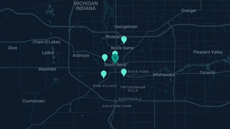 Map of South Bend, Indiana: 7 documented asbestos exposure sites