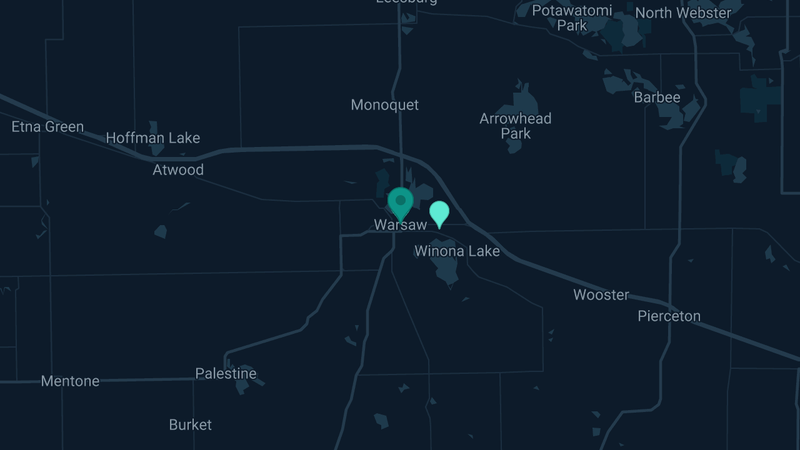 Map of Warsaw, Indiana — 2 documented asbestos exposure sites