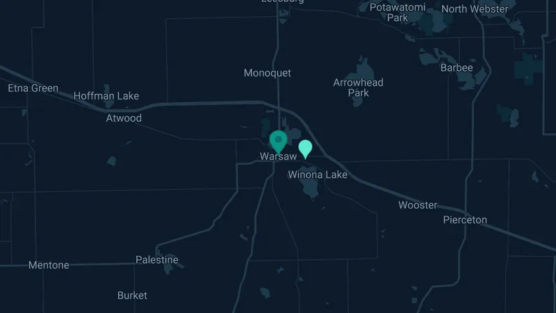 Map of Warsaw, Indiana: 2 documented asbestos exposure sites