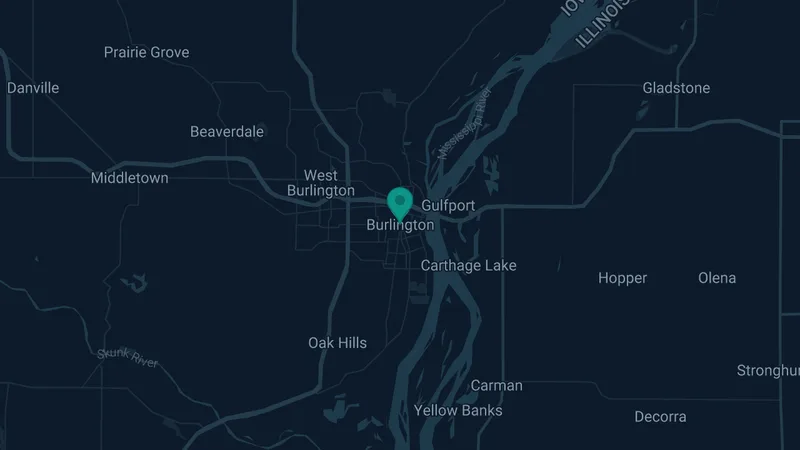 Map of Burlington, Iowa: 2 documented asbestos exposure sites