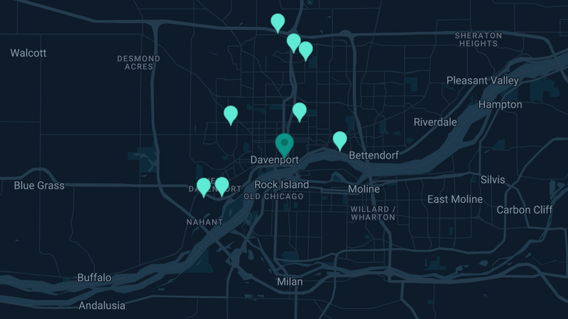 Map of Davenport, Iowa — 13 documented asbestos exposure sites