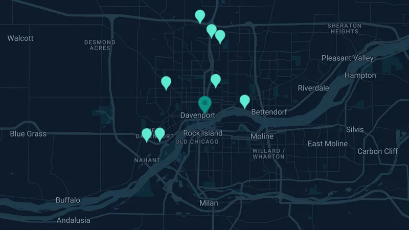 Map of Davenport, Iowa: 13 documented asbestos exposure sites