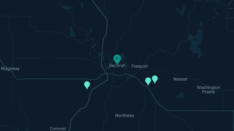 Map of Decorah, Iowa — 4 documented asbestos exposure sites