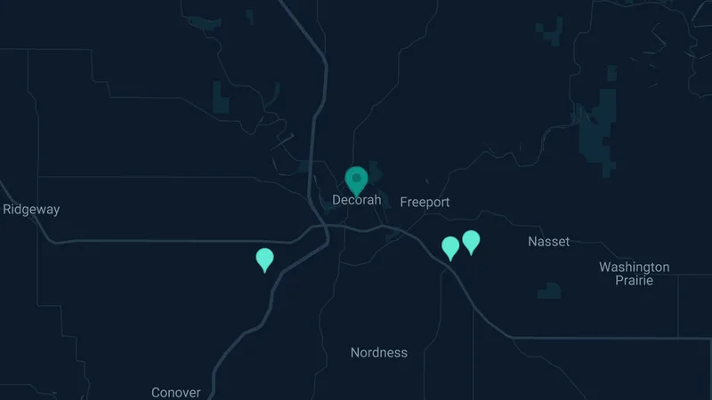 Map of Decorah, Iowa: 4 documented asbestos exposure sites