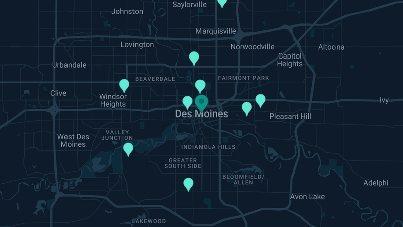 Map of Des Moines, Iowa — 11 documented asbestos exposure sites