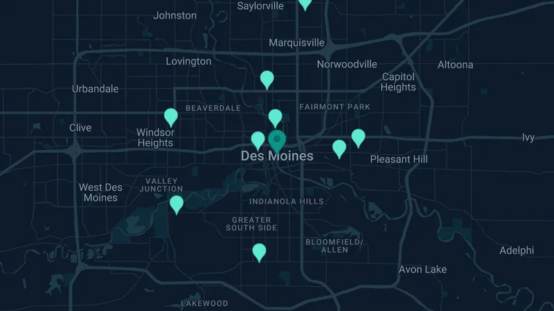 Map of Des Moines, Iowa: 11 documented asbestos exposure sites