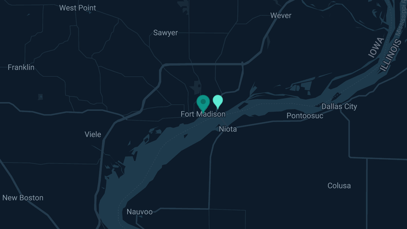 Map of Fort Madison, Iowa — 6 documented asbestos exposure sites