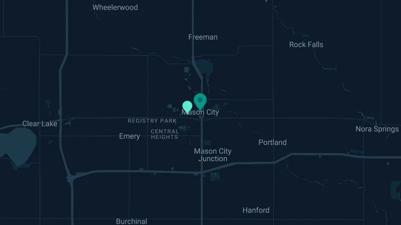 Map of Mason City, Iowa: 3 documented asbestos exposure sites