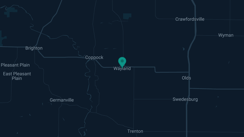 Map of Wayland, Iowa — 2 documented asbestos exposure sites