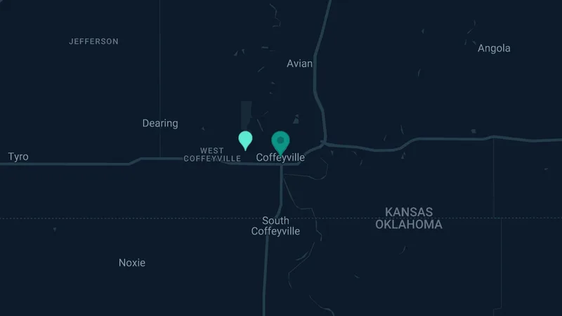 Map of Coffeyville, Kansas: 2 documented asbestos exposure sites