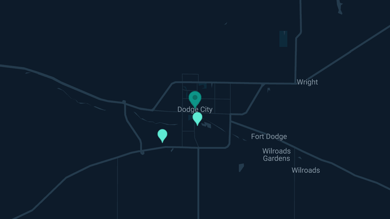 Map of Dodge City, Kansas — 6 documented asbestos exposure sites