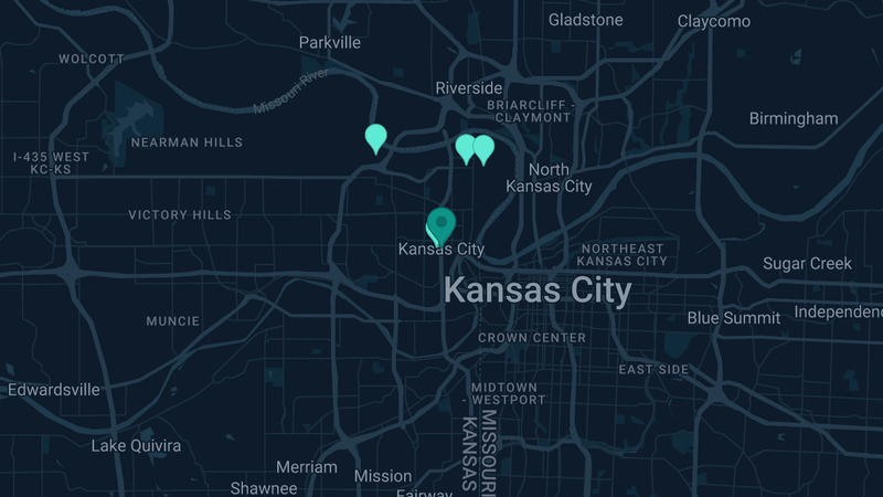 Map of Kansas City, Kansas — 9 documented asbestos exposure sites