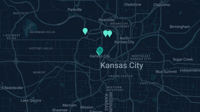 Map of Kansas City, Kansas: 9 documented asbestos exposure sites