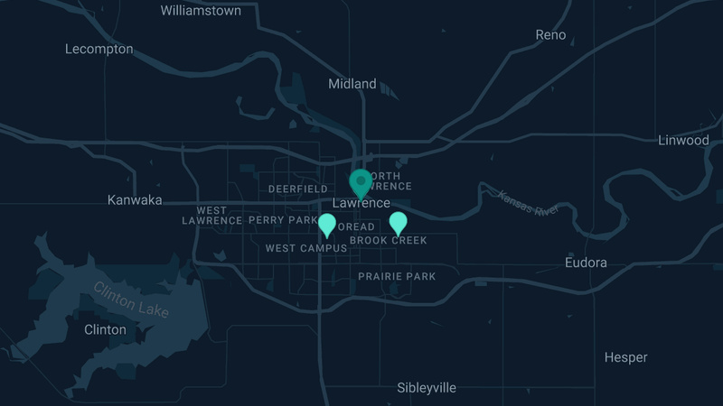 Map of Lawrence, Kansas — 4 documented asbestos exposure sites