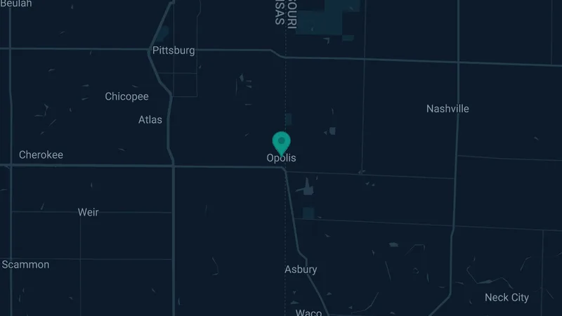 Map of Opolis, Kansas: 2 documented asbestos exposure sites