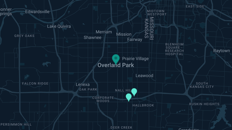 Map of Overland Park, Kansas — 6 documented asbestos exposure sites